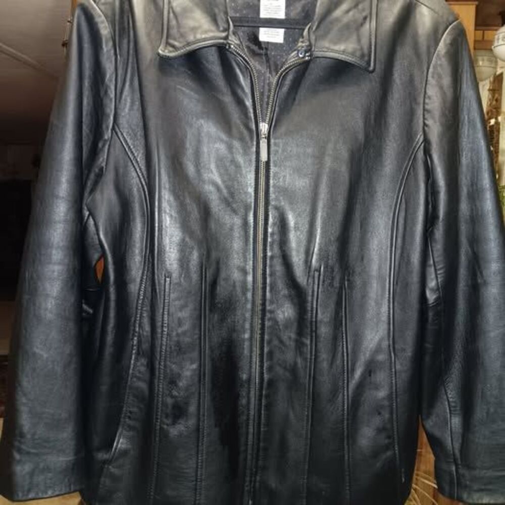 Covington Black Leather Coat Size 16/18 Plus Zip Mid-Length